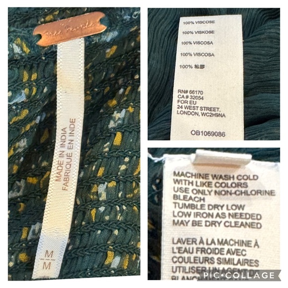 Free People Roma Forrest Green Floral Smocked Mock Nwck Tie Back Blouse Size M - Picture 11 of 13